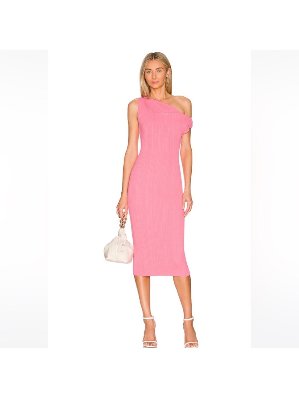 The Sei One Shoulder Pink Ribbed Midi Dress Feminine Going Out Party Graduation